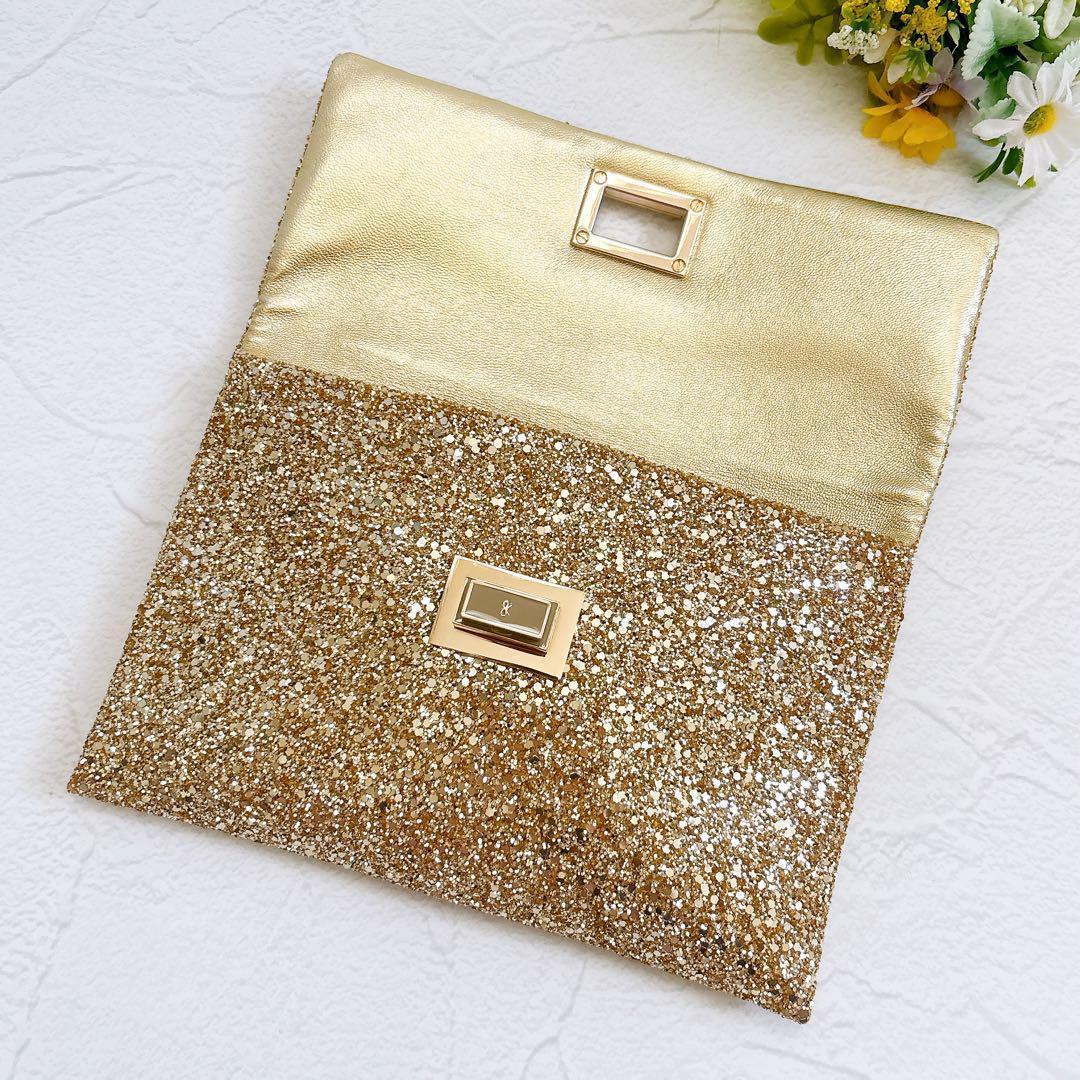《美品》ANYA HINDMARCH ゴールドグリッター ラメ クラッチバッグ