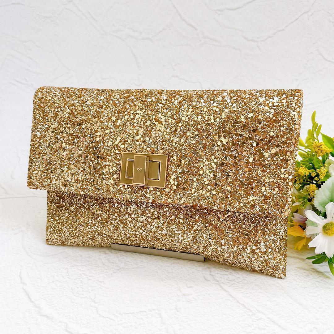 《美品》ANYA HINDMARCH ゴールドグリッター ラメ クラッチバッグ