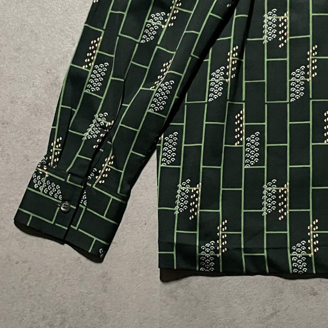 【美品】柄シャツ　ハーフボタン　サラサラ素材 オープンカラー　ヒッピー　S 緑