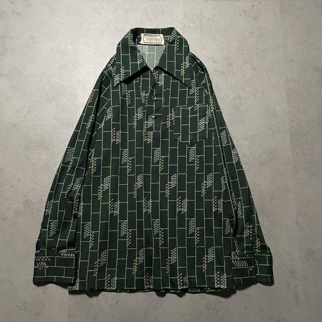 【美品】柄シャツ　ハーフボタン　サラサラ素材 オープンカラー　ヒッピー　S 緑