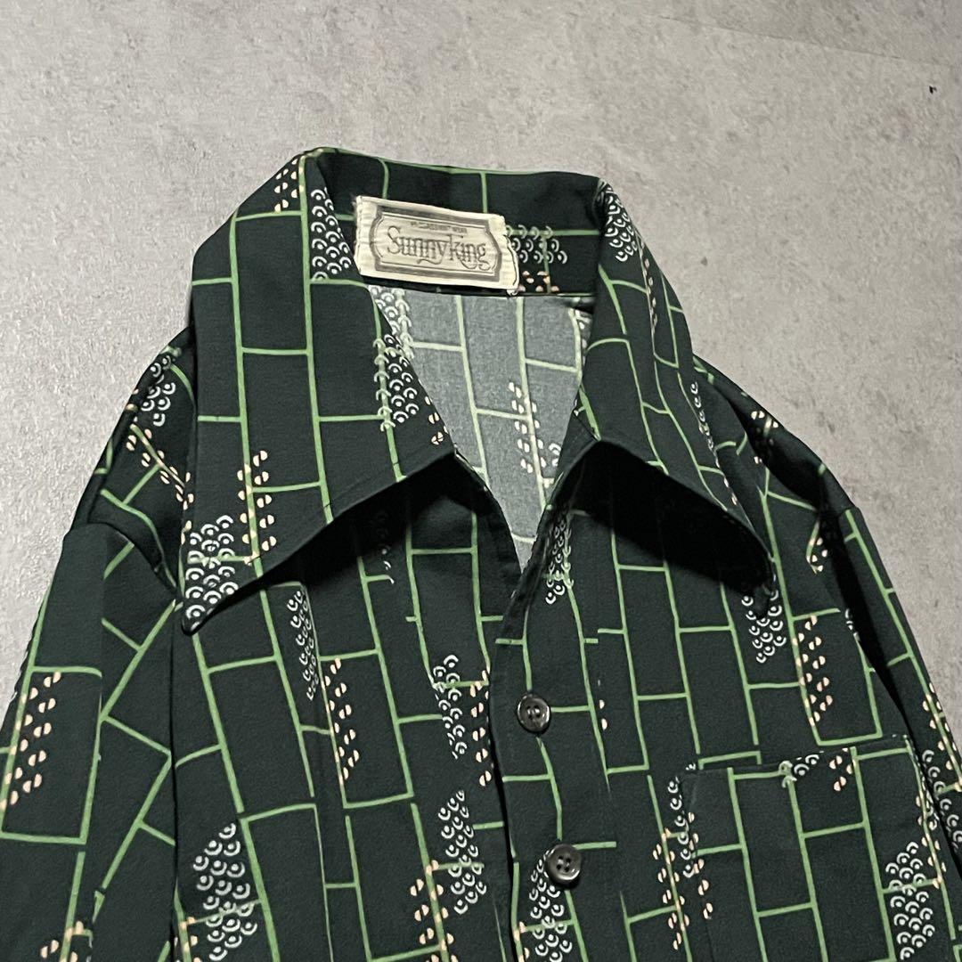 【美品】柄シャツ　ハーフボタン　サラサラ素材 オープンカラー　ヒッピー　S 緑
