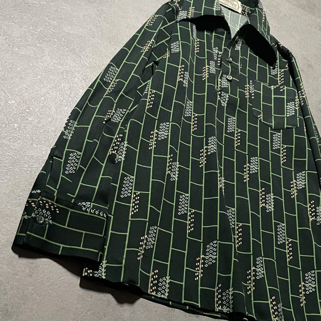 【美品】柄シャツ　ハーフボタン　サラサラ素材 オープンカラー　ヒッピー　S 緑