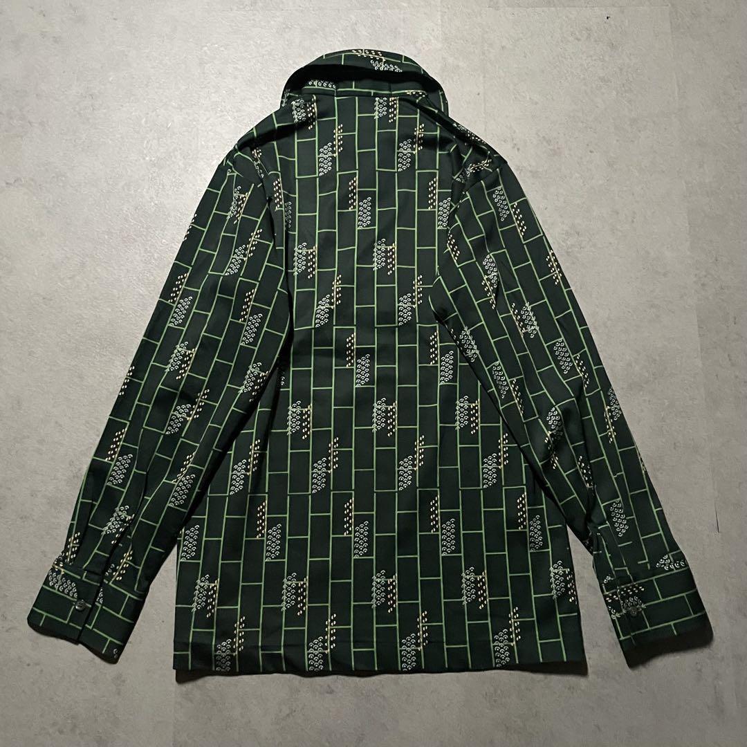 【美品】柄シャツ　ハーフボタン　サラサラ素材 オープンカラー　ヒッピー　S 緑