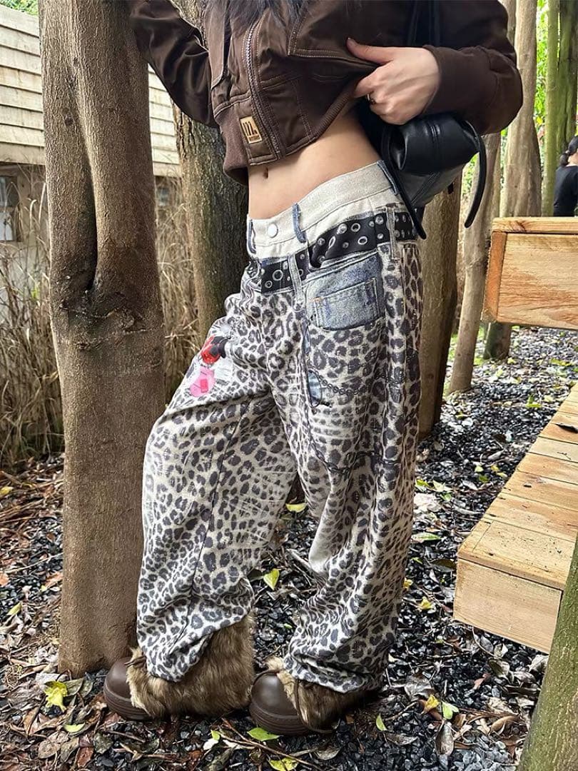 CGGA 豹柄 ベルトチェーン プリント ワイドパンツ y2k opium