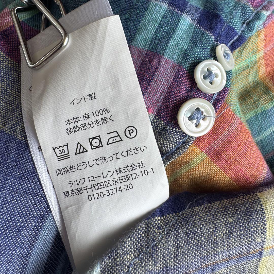 超美品　ラルフローレン　リネン　マドラスチェックマルチカラー　ポニー刺繍M相当 ラルフローレン リネン マドラスチェックマルチカラー ポニー