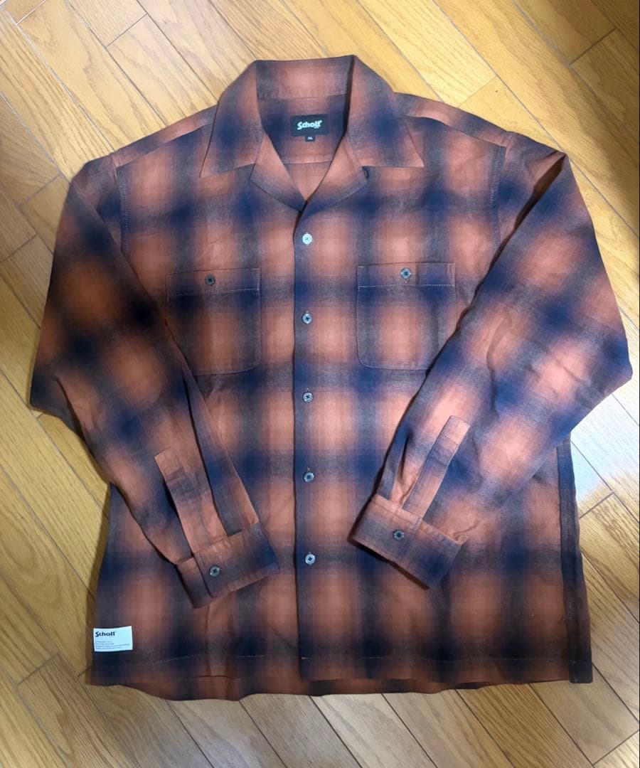 schott オンブレチェック フランネル シャツ オープンカラーシャツ