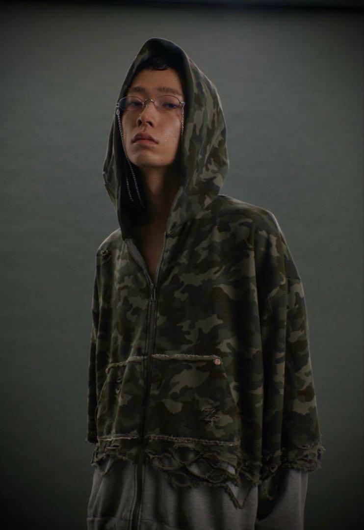 neith. Layered Crush Hoodie(Camo×Gray)