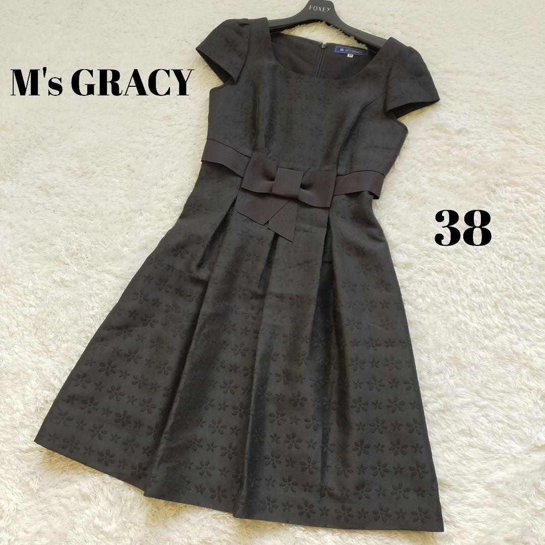 高い品質 M S Gracy ワンピース 膝丈 グログランリボン 花柄 黒 38 M