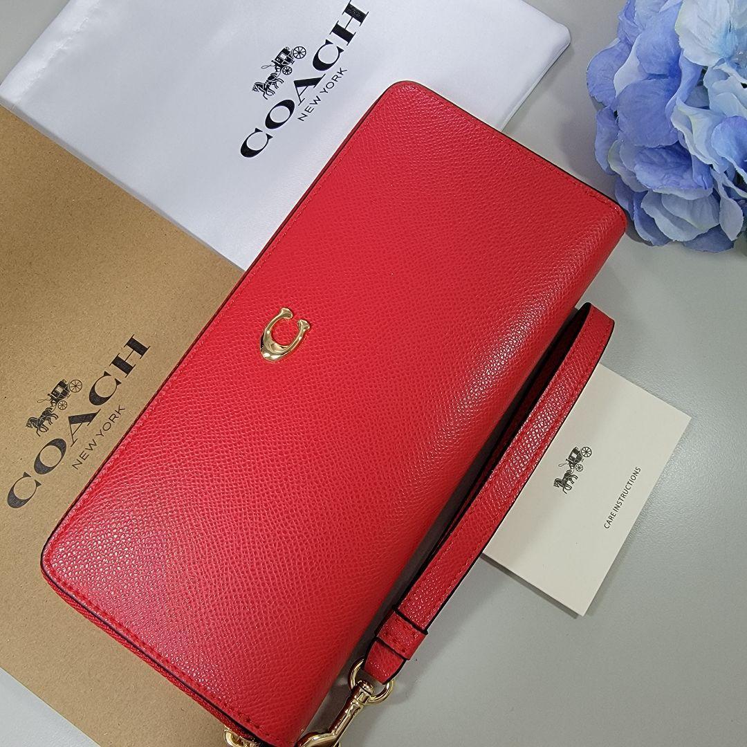 数量限定】 新品未使用袋付きcoachコーチ長財布ストラップ付きレッド 長財布