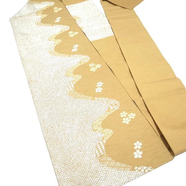 送料無料◆2025新品  名古屋帯 九寸 京都 西陣 織り柄 金糸 淡茶 桜 菊 流水 中古 着物・浴衣