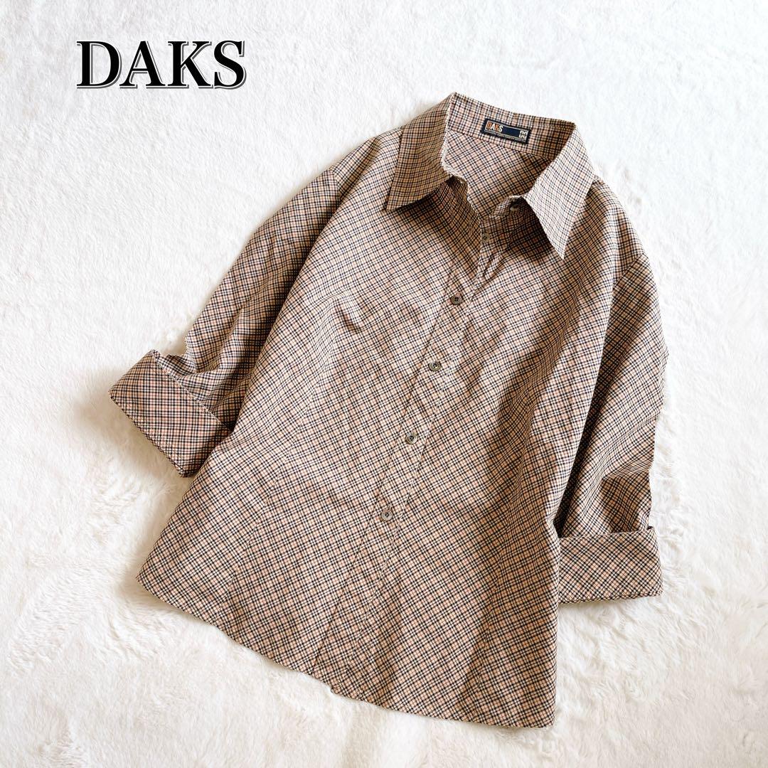 【美品】DAKS 大きいサイズ 総柄チェック 七分袖 サイズ13 ブラウン