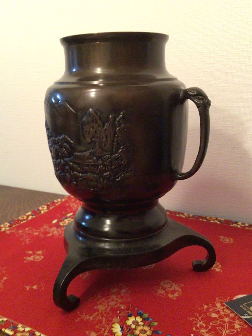 ◉薄端・銅製花器◉唐金製◉山水・花入・三足・銅器・生花・華道・池坊◉未使用品