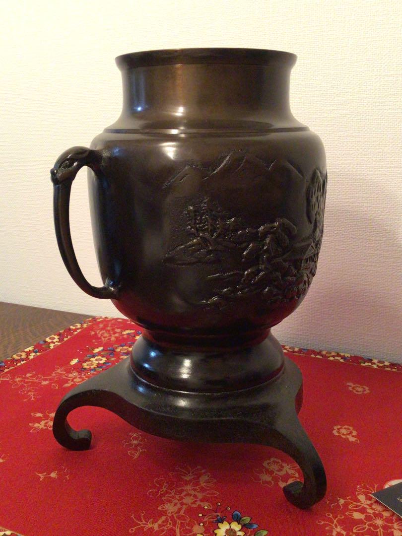 ◉薄端・銅製花器◉唐金製◉山水・花入・三足・銅器・生花・華道・池坊◉未使用品