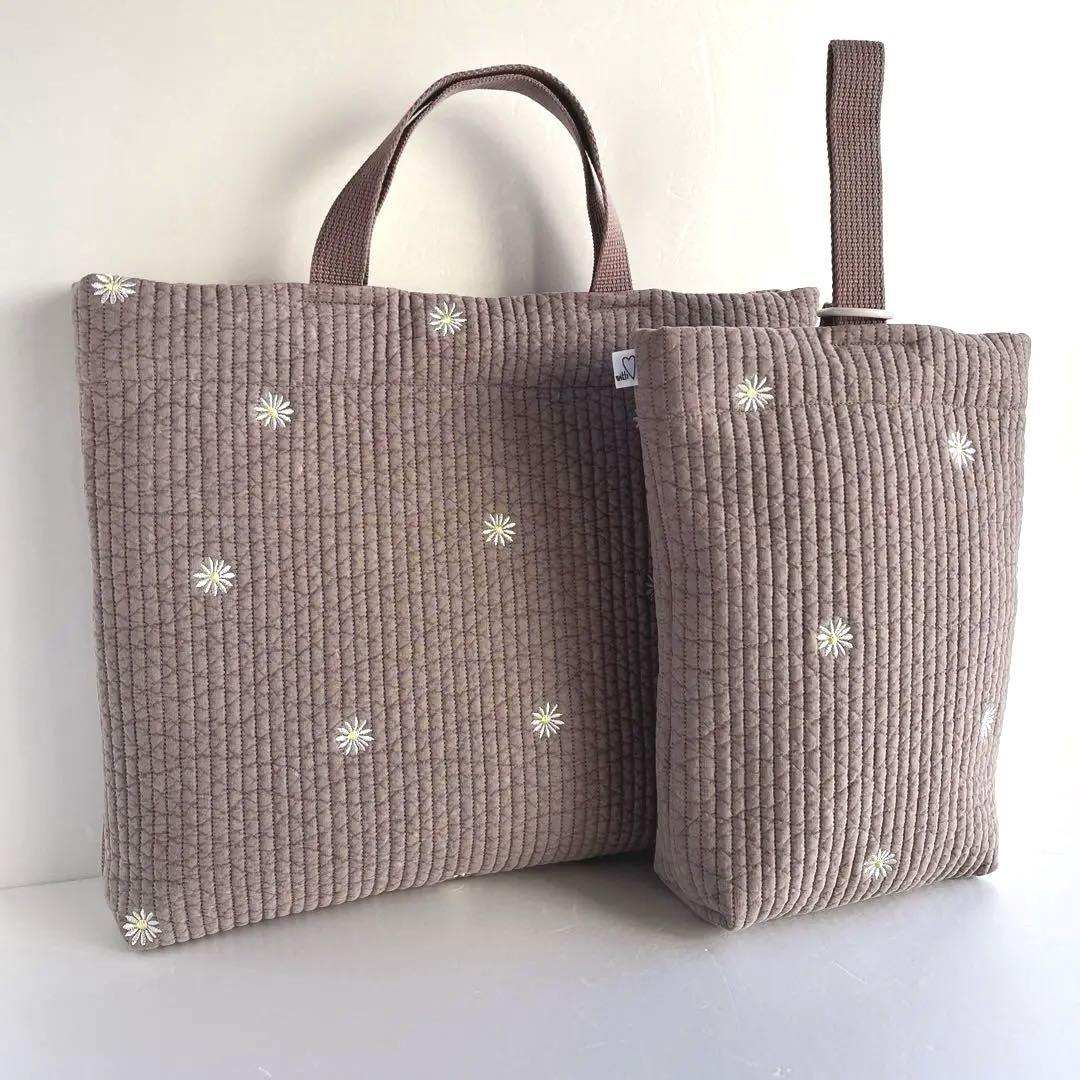 ヌビ　刺繍　白花/アーモンド　レッスンバック　上履き入れ　体操着袋　ヌビバック