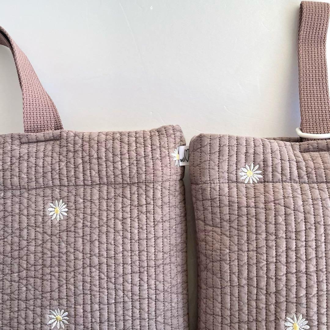 ヌビ　刺繍　白花/アーモンド　レッスンバック　上履き入れ　体操着袋　ヌビバック