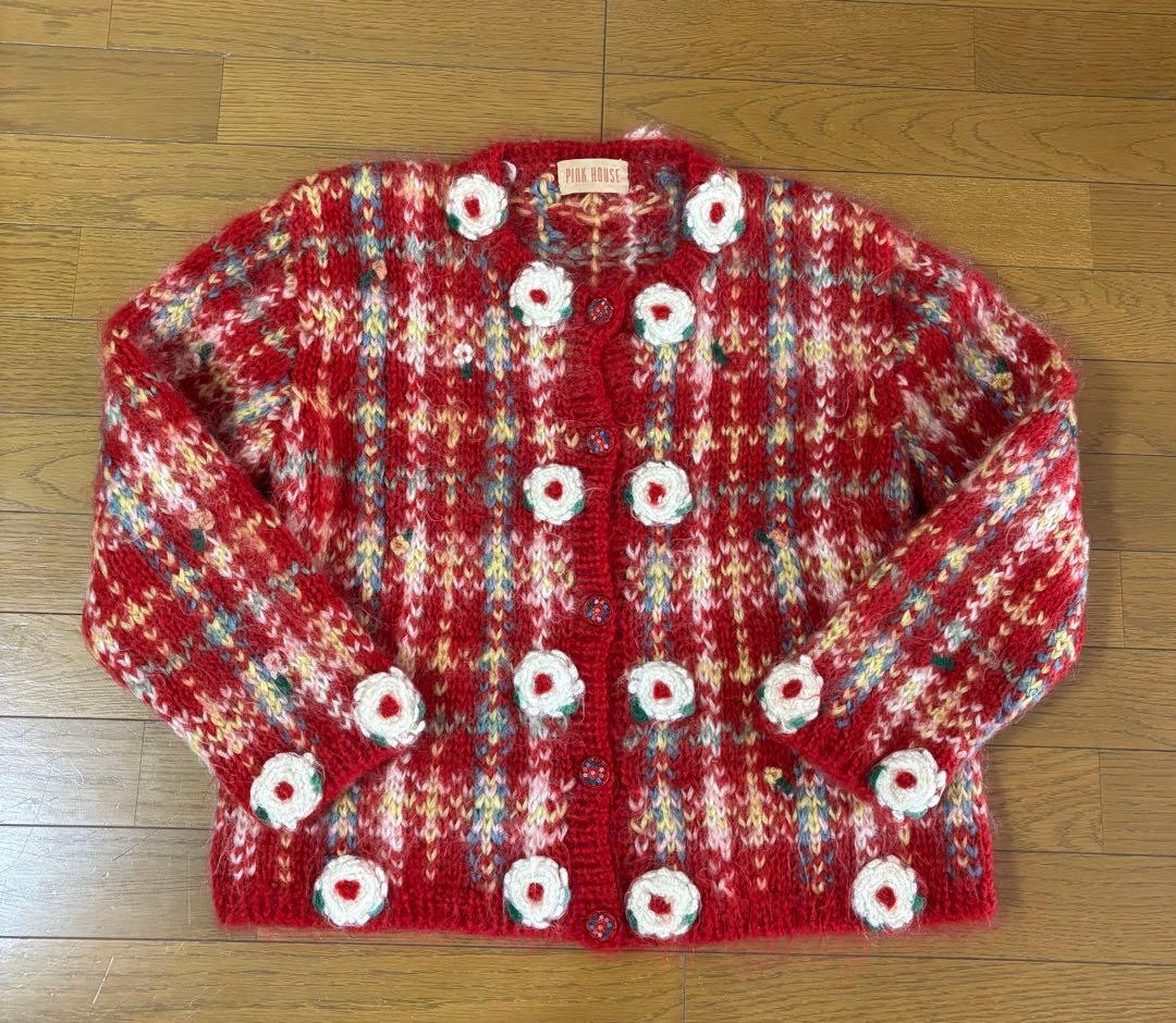 ピンクハウス かねこいさお ビンテージ 赤い花刺繍手編みカーディガンM・PINK HOUSE
