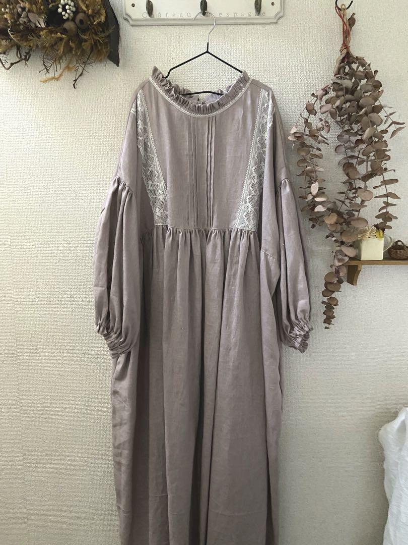no574メルカリ限定ハンドメイド リネンフリルレースワンピース くすみピンク