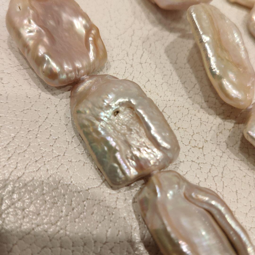 美品　淡水パール　ロングネックレス　レクタングル テリ強め スクエア ピンク系