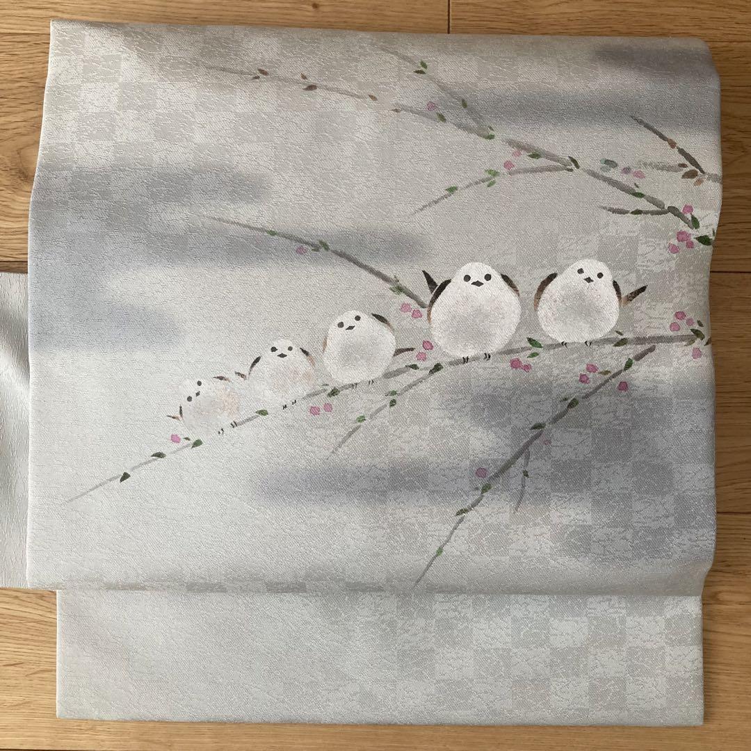 新品未使用正絹名古屋帯シマエナガ梅桜