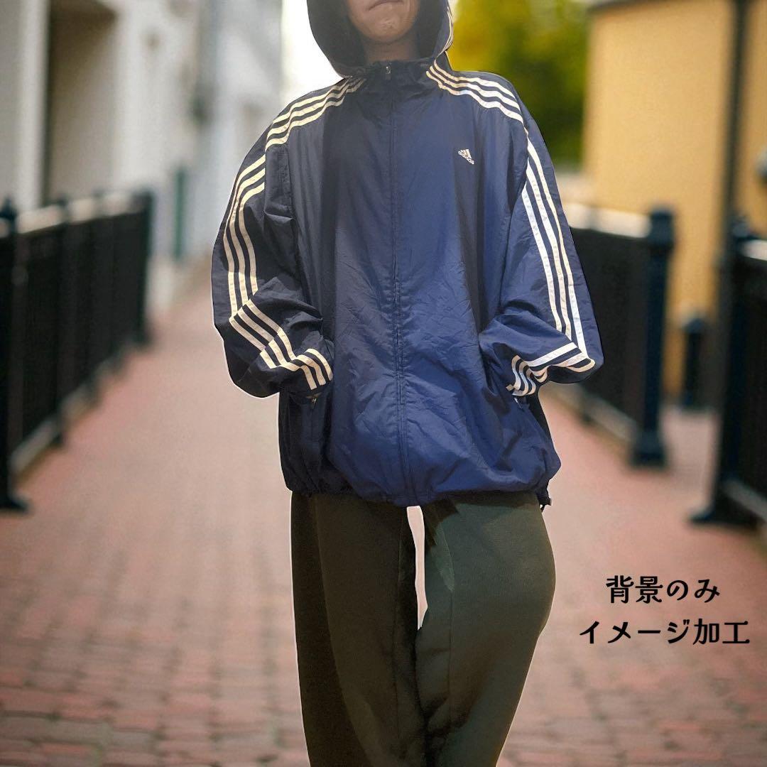 adidasナイロンジャケット3本ライン ネイビーXL～2XLフード付ストリート
