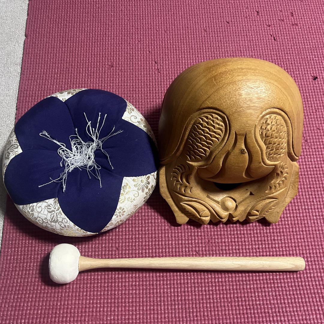 木製 木魚 魚の彫刻 叩き棒付き