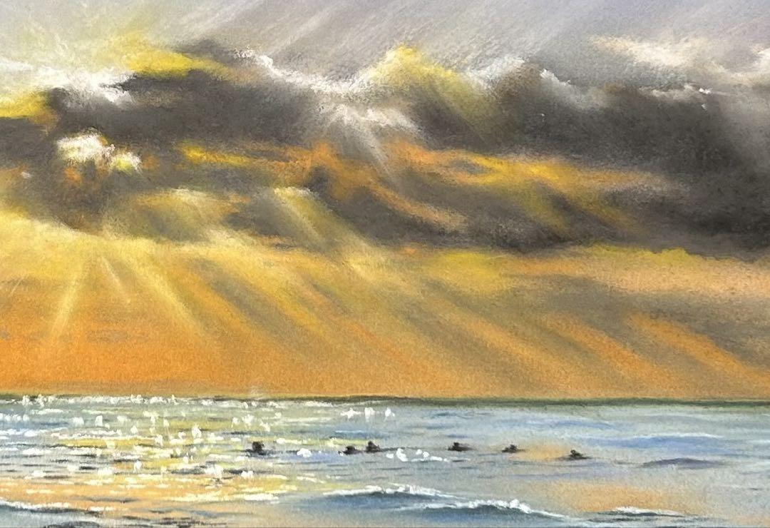 海とサーフィンのパステル画 原画