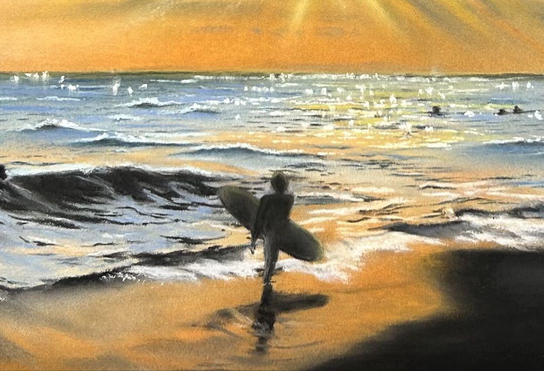 海とサーフィンのパステル画 原画