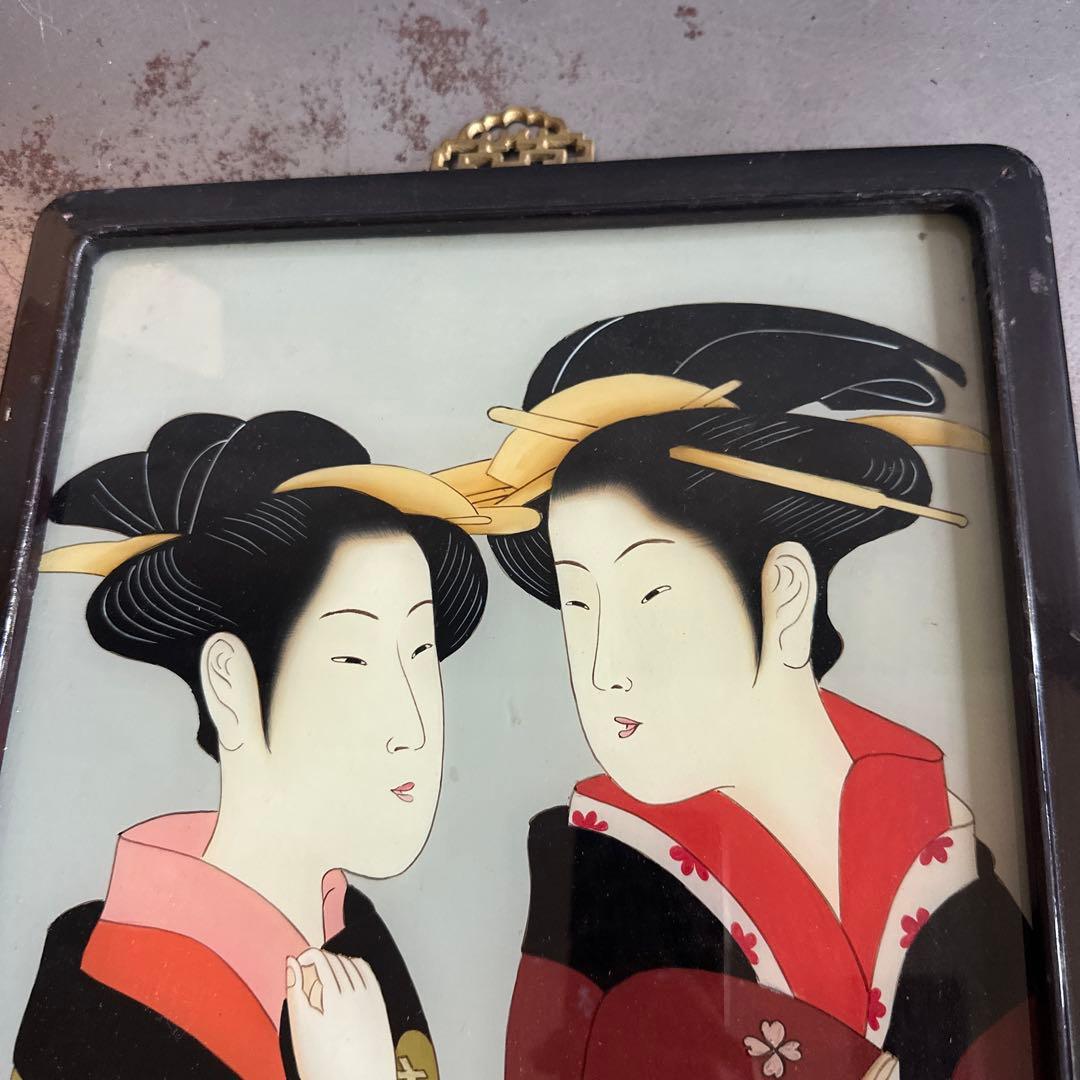 ヴィンテージ ガラス絵浮世絵 女性の肖像画 木製フレーム付き素敵すぎる‼️ ヴィンテージ ガラス絵浮世絵 女性の肖像画 木製フレーム付き素敵すぎる‼️