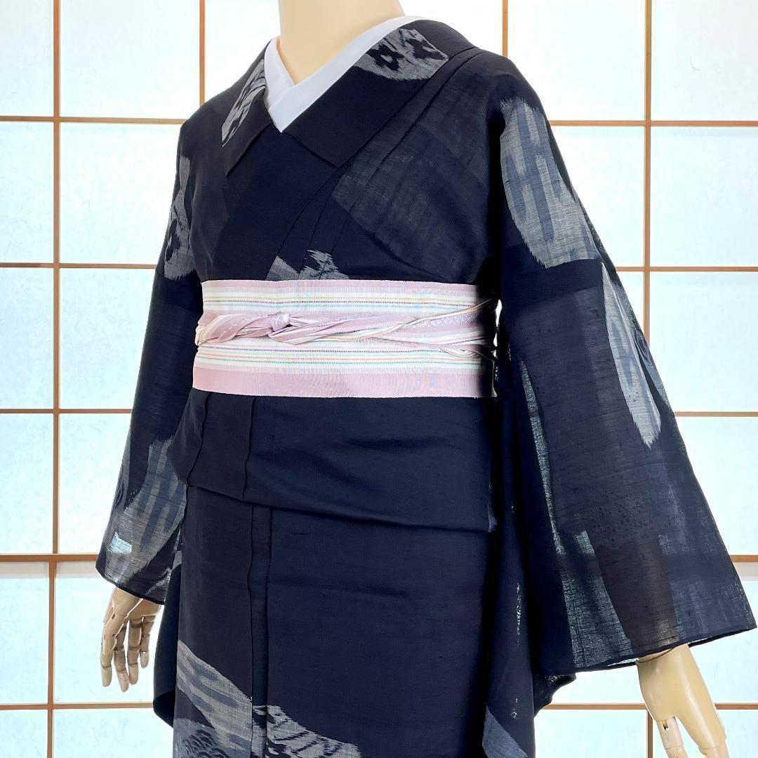 夏着物 紬 正絹 扇面 花柄 濃い藍色 アンティーク A-0786