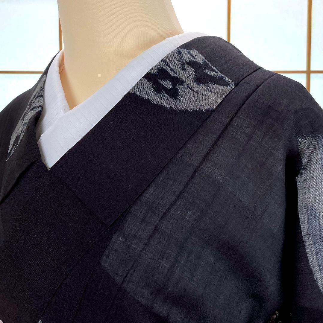 夏着物 紬 正絹 扇面 花柄 濃い藍色 アンティーク A-0786