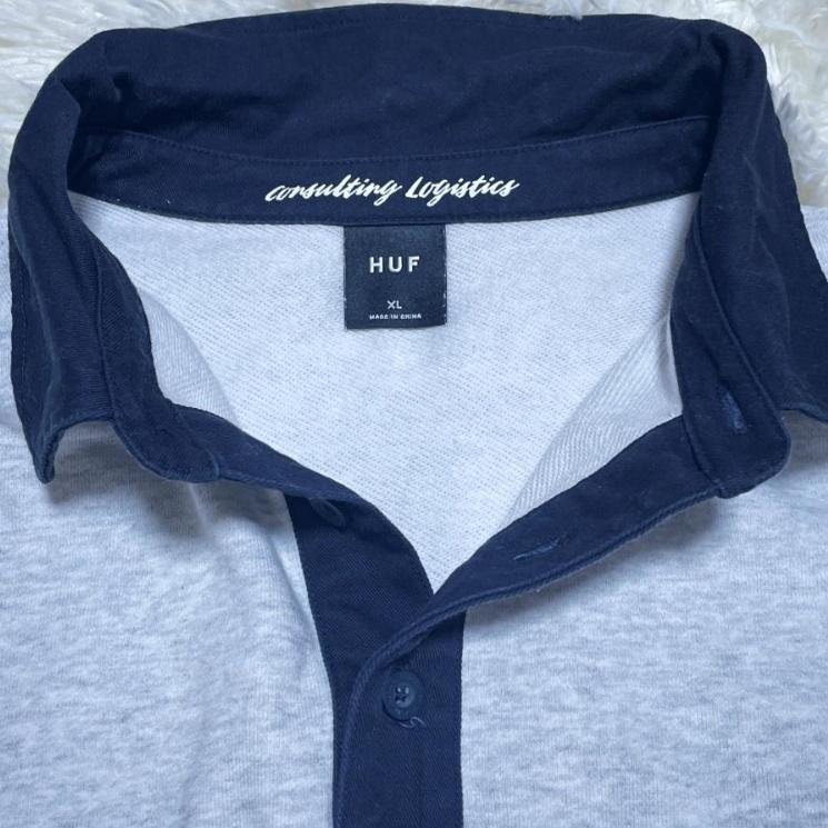 美品 XL】HUF ハフ ロゴ ラガーシャツ風 スウェット グレー