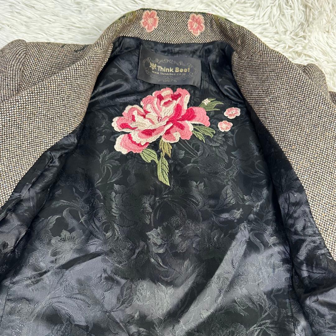 希少 シンクビー 花柄刺繍 テーラードジャケット グレー系 L