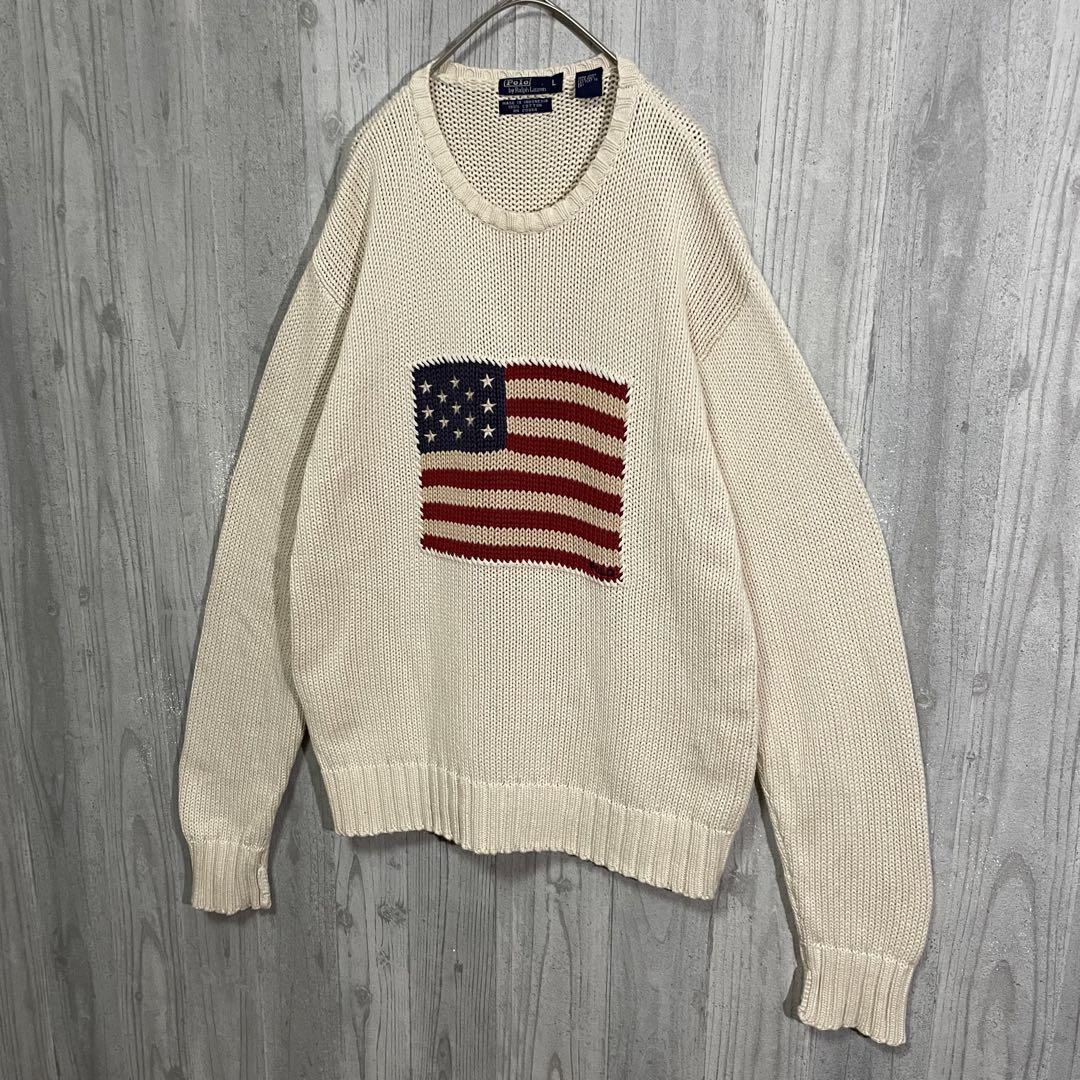 希少90s/美品】ポロバイラルフローレン 星条旗ロゴ コットンニット L-