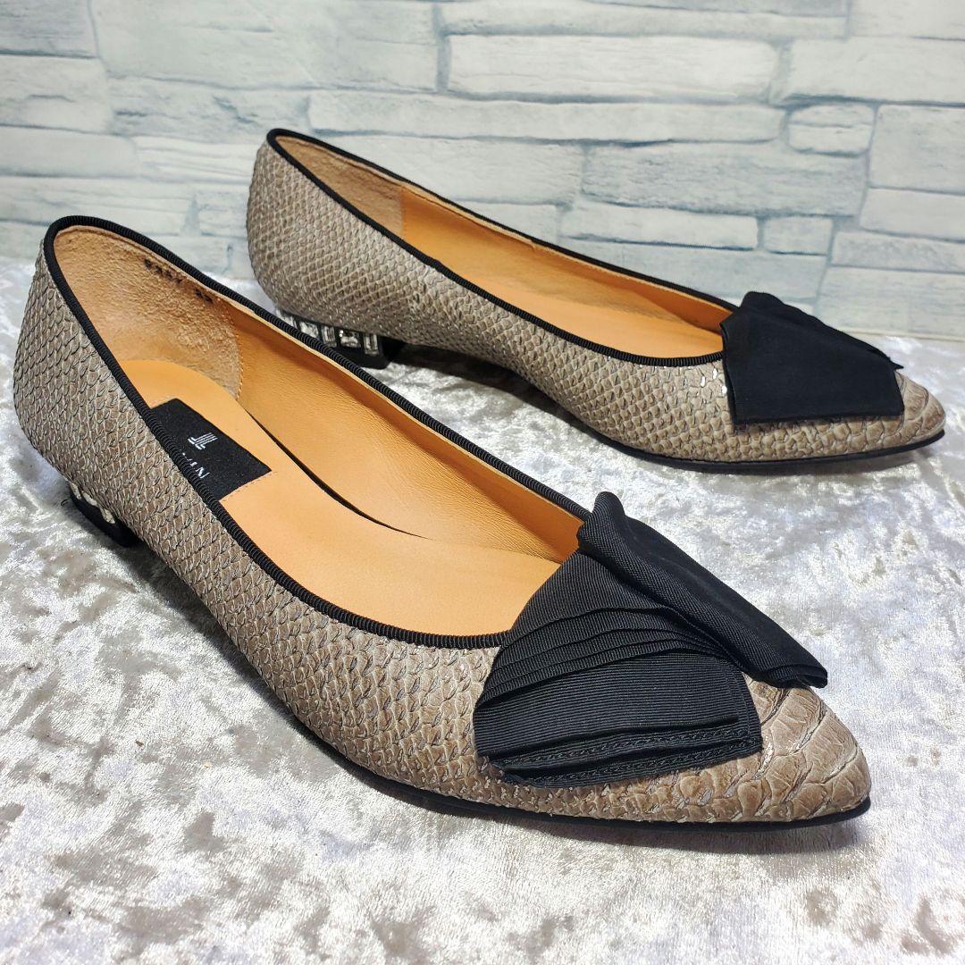 【美品】✨LANVIN 23cm パンプス リボン パイソン グレー ビジュー
