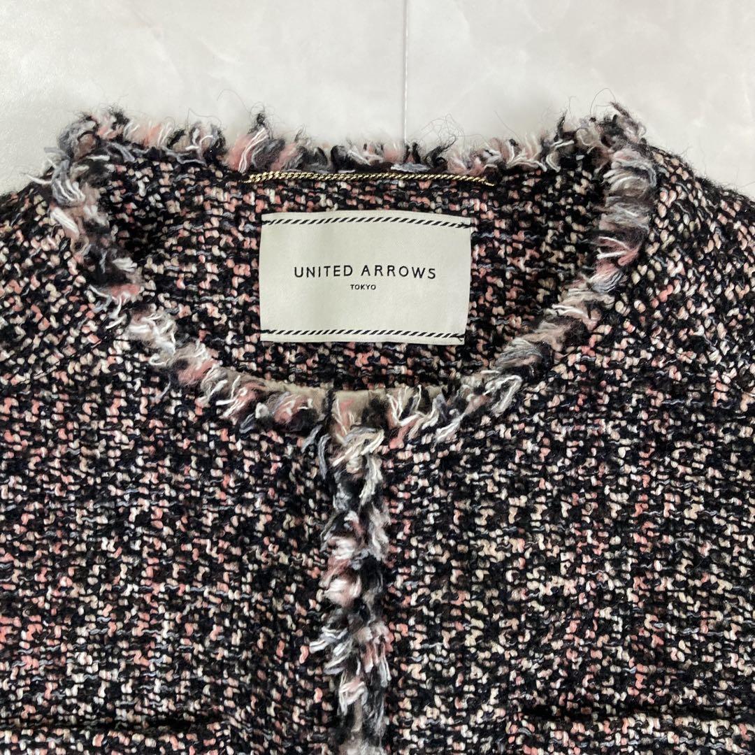 UNITED ARROWS ツイード ノーカラージャケット 36 ピンク