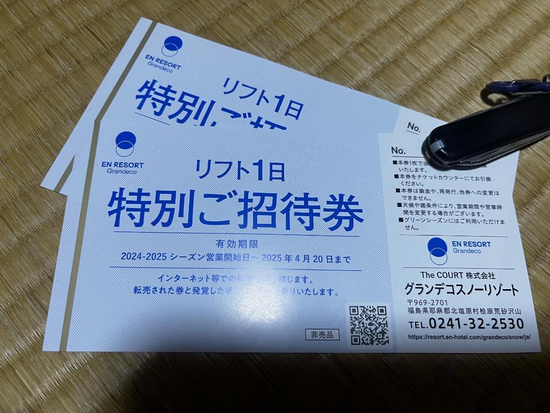 グランデコスノーリゾート　 リフト1日特別ご招待券　２枚 送料無料】グランデコスノーリゾート リフト1日ご招待券 2枚