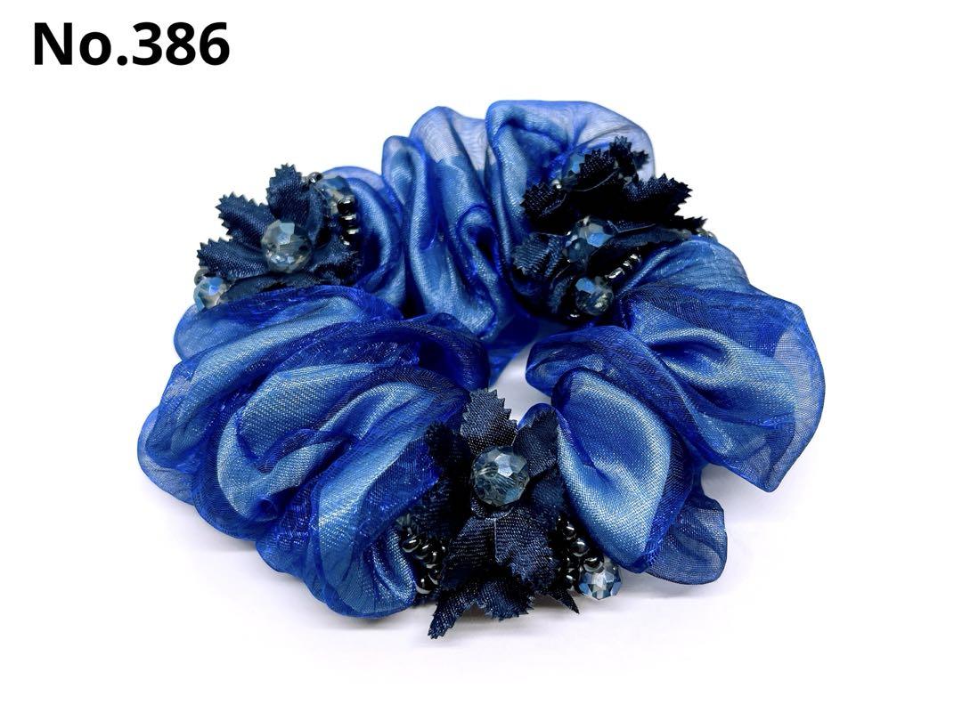 ハンドメイド お花 シュシュ ヘアゴム フラワー ビーズ ブルー386
