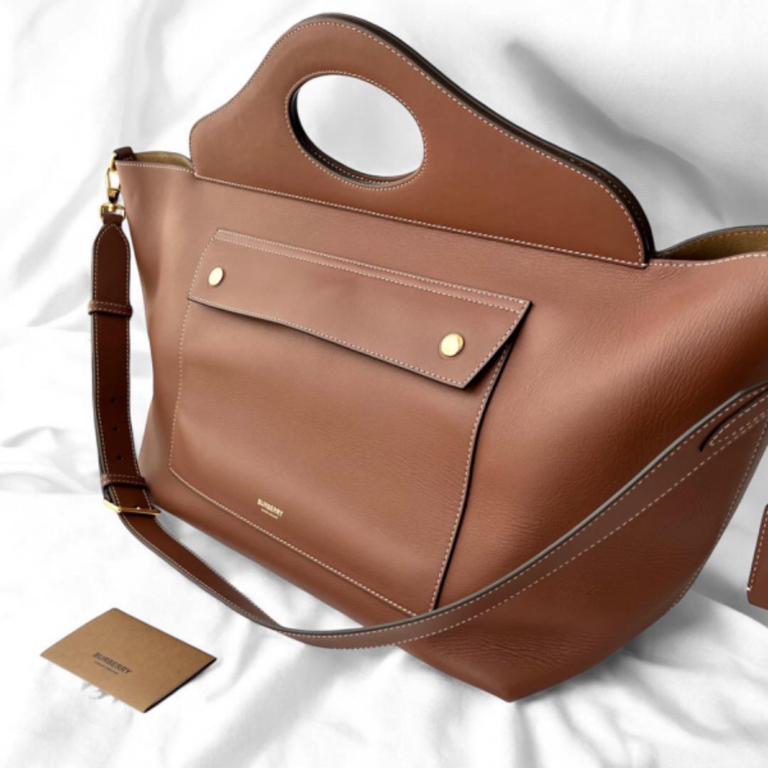 美品 バーバリー ミディアム レザー ソフトポケットトート ショルダーバッグ