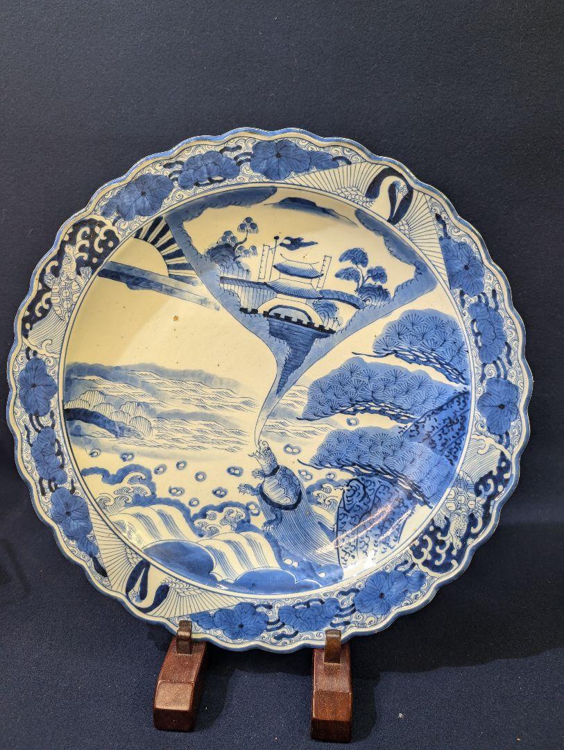 古伊万里 染付 42cm 大皿 鶴 亀 龍宮城 忠印 輪花深皿鉢 骨董 江戸期