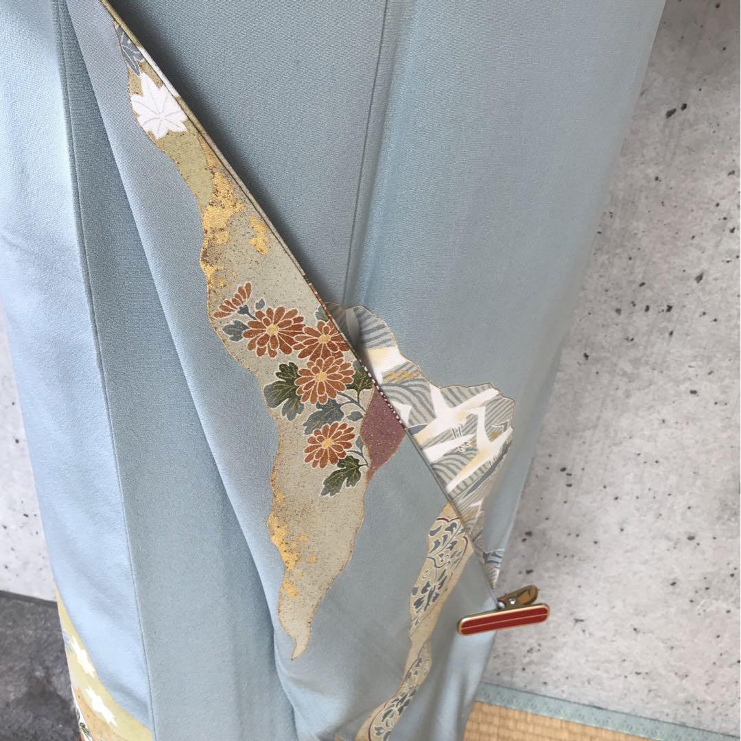 正絹　訪問着　流水に花紅葉　金箔　袷　落款　一つ紋