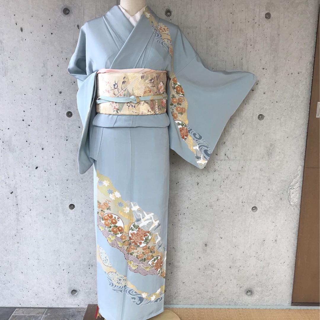 正絹　訪問着　流水に花紅葉　金箔　袷　落款　一つ紋
