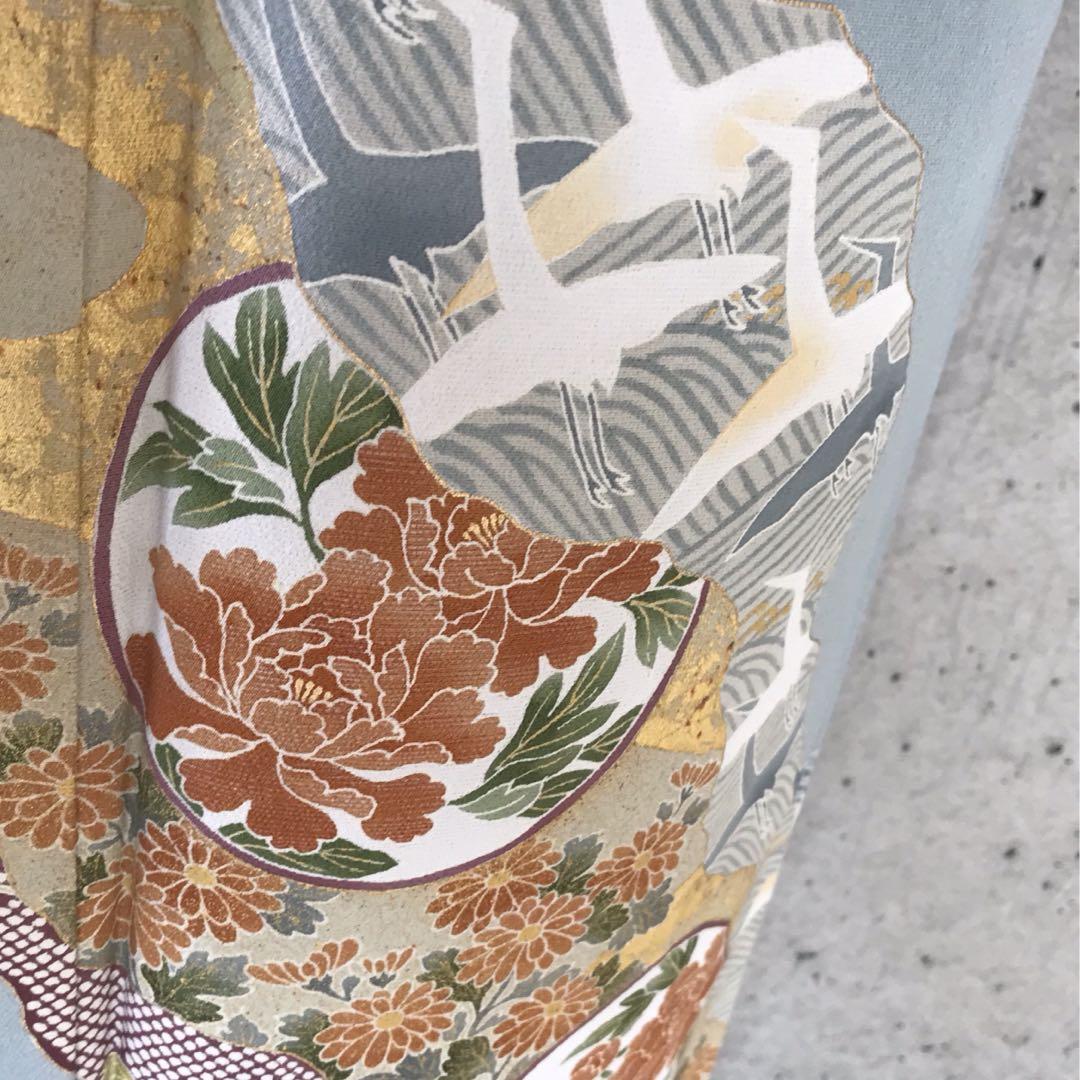 正絹　訪問着　流水に花紅葉　金箔　袷　落款　一つ紋