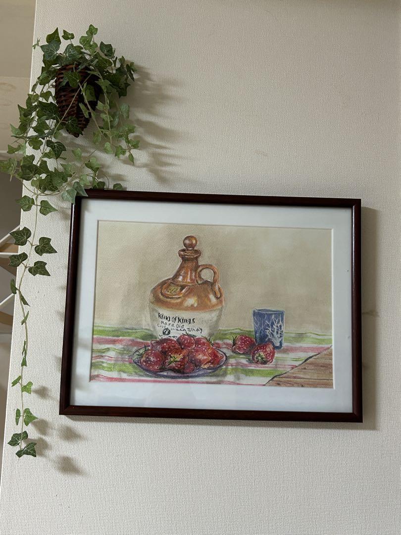 品質は非常に良い いちごのある静物画☆水彩画☆原画☆A4サイズ☆フレーム付 絵画