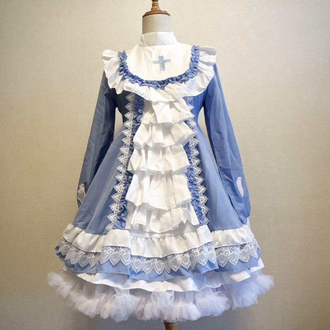 ロリータ ワンピース 十字架 天使界隈 水色 ブルー Ｍサイズ コスプレ衣装