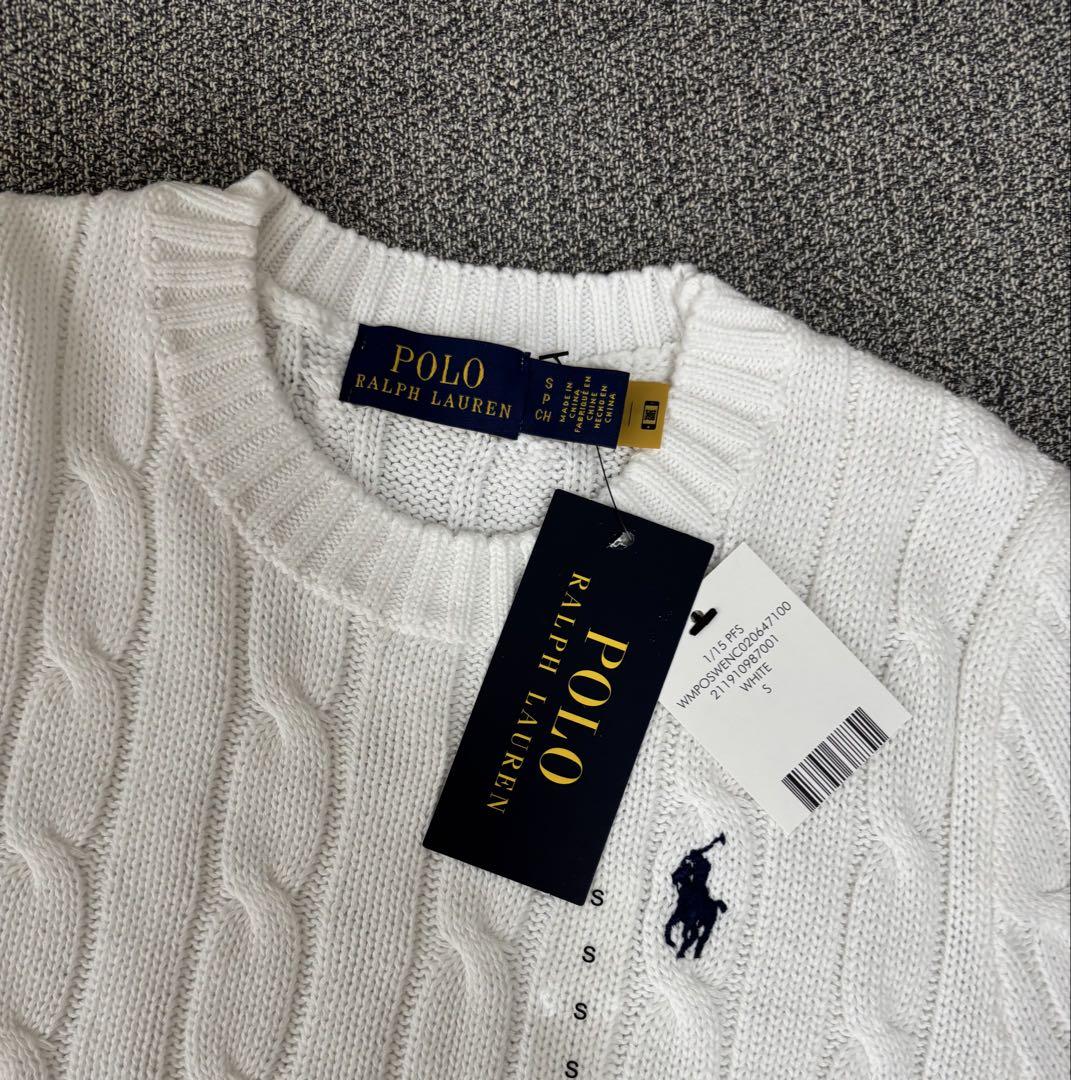【新品タグ付】ポロラルフローレン　S ケーブルニット半袖カーディガンS（白）人気 Polo Ralph Laurenラルフローレン ケーブルニット 半袖S 白