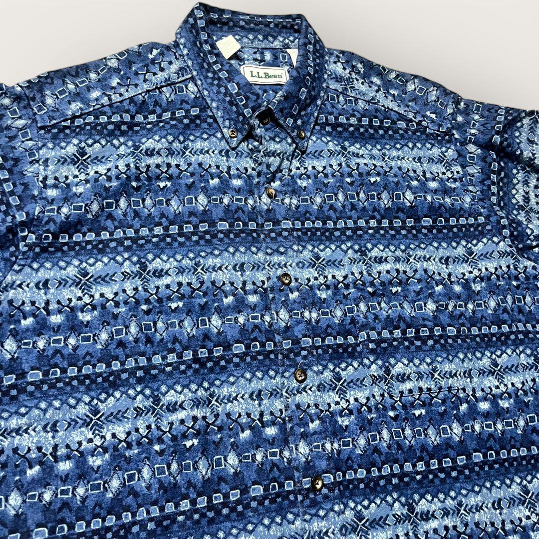 90s L.L.Bean フランネルシャツ 総柄 ネイティブ柄 ネイビーブルー