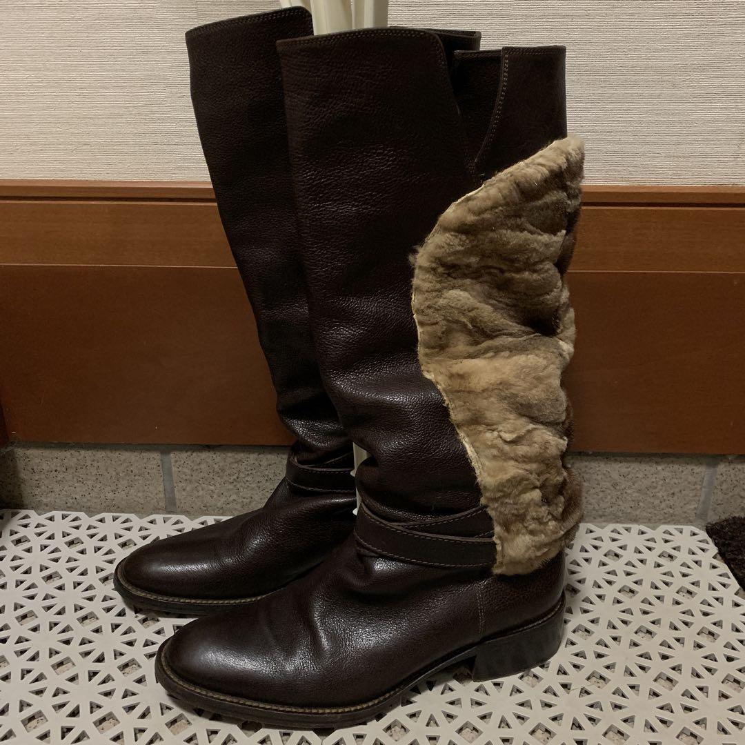 ダークブラウン ファー付きロングブーツ 7,000円