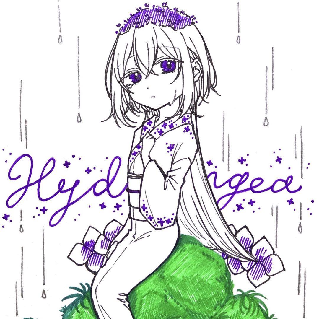 手描きイラスト オリジナル 創作 原画 ポストカード 紫陽花 梅雨 着物 女の子