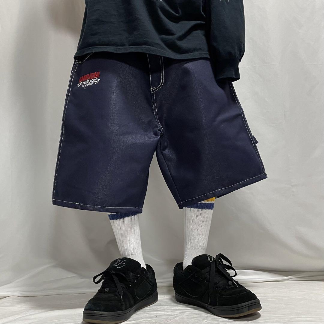 00s EMINEM シャイニーデニム ペインター バギーパンツ 刺繍 ハーフ