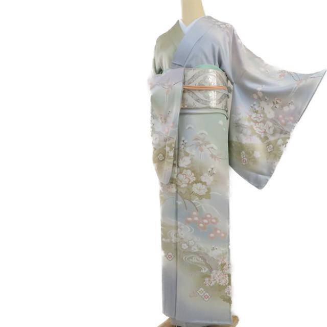 A-214◇正絹 袷『オーキッドグレイ×花』金駒刺繡 トールサイズ 訪問着 着物